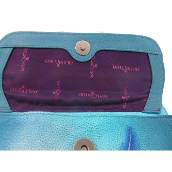 Anuschka Leather Crossbody Purse Wallet Teal Blue Feather Peacock Hand Painted - Picture 9 of 16